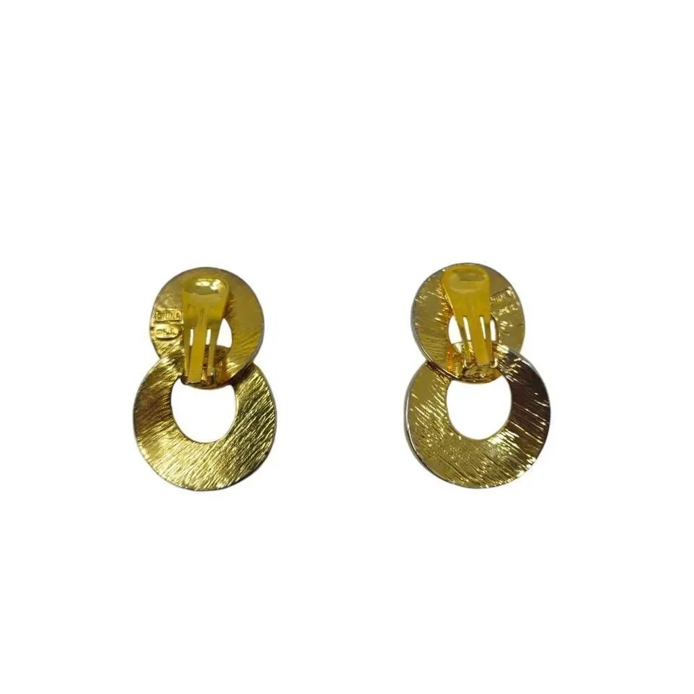 Vintage KJL Gold-Tone Textured Double Circle Clip-On Earrings | Boho Style | 2" - Picture 7 of 9